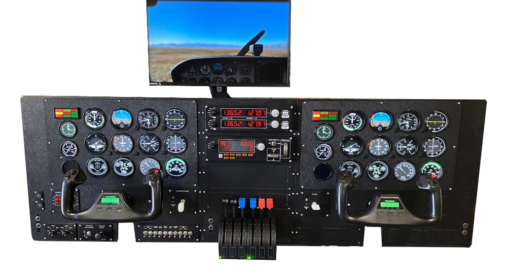 Dual yoke flight simulator panel with glass cockpit displays for X-Plane 12
