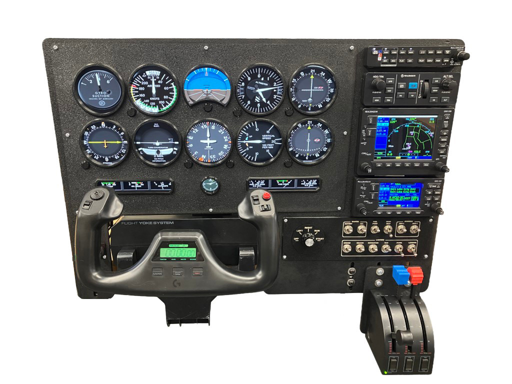 Modular home cockpit flight simulator panel with IFR gauge cluster, GPS stack and switch modules